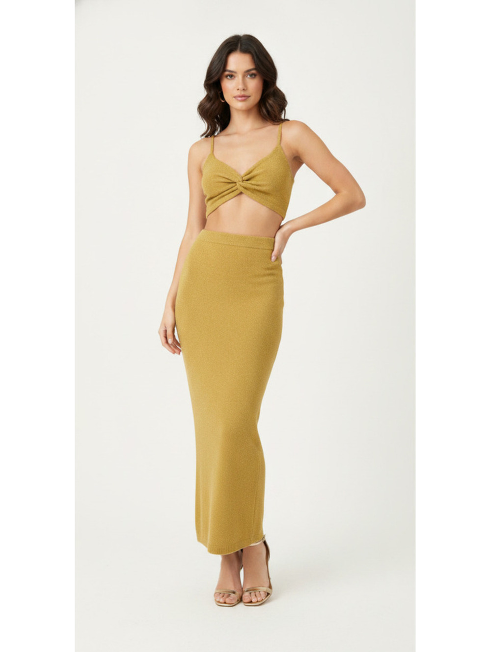 Lulus Gold Knit Halter Sleeveless Stretch Bodycon Midi Dress Women XS